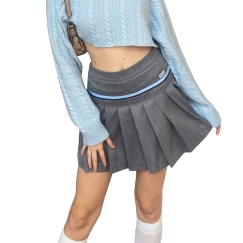 Herlian Gray w/ Blue Stripe Pleated School Girl Mini Skirt Large